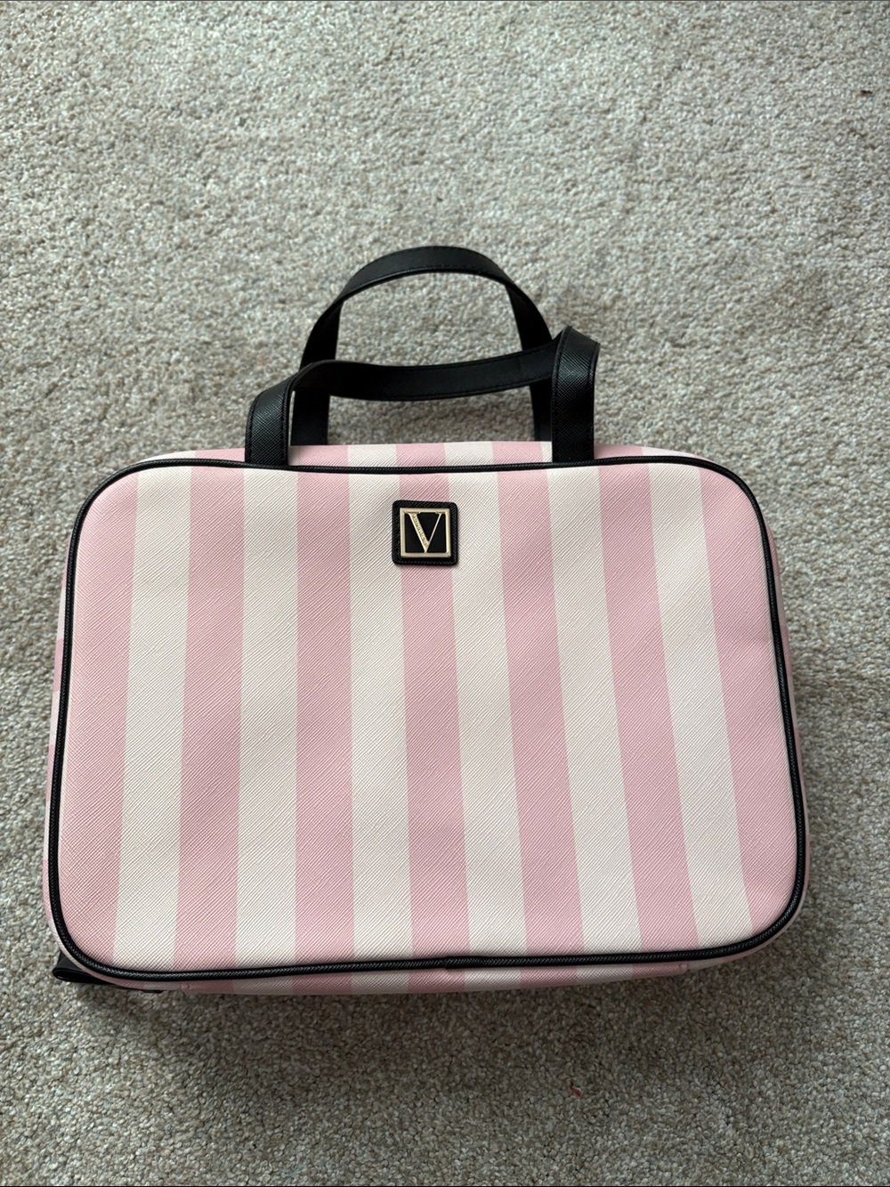 Victoria's Secret Pink and White Striped Cosmetic Case with Black Trim